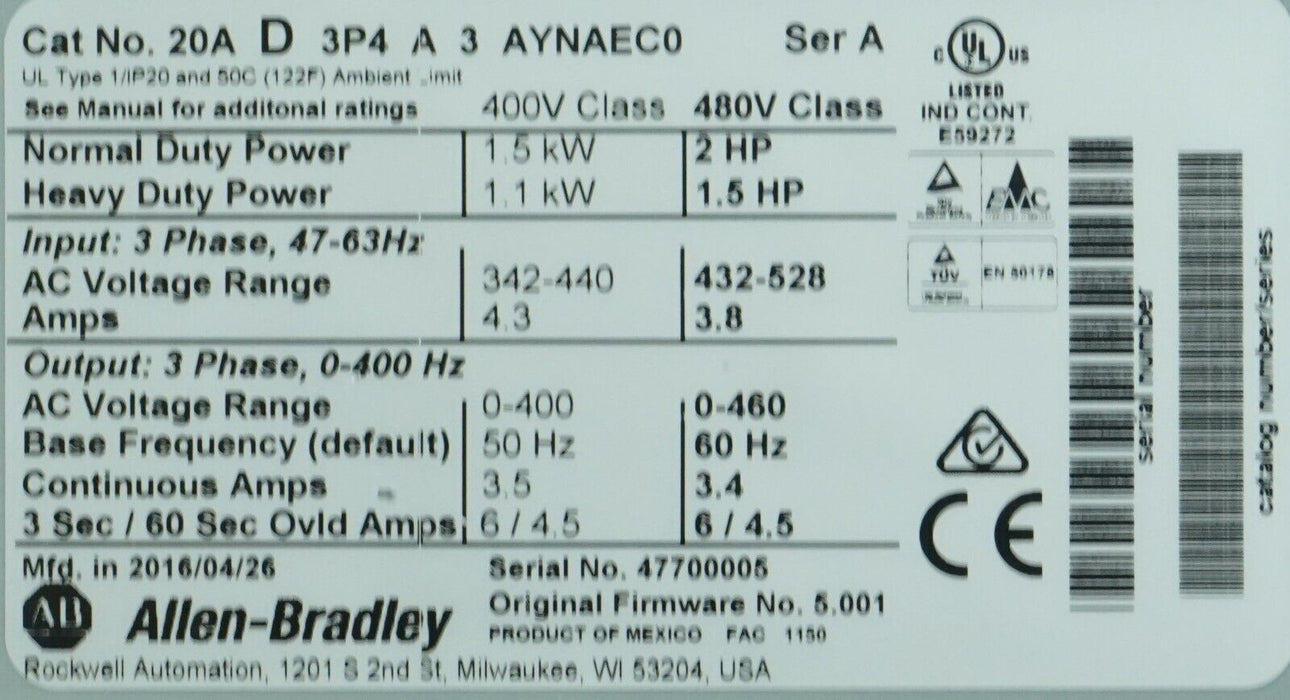 Allen-Bradley PowerFlex 70 2 HP 20AD3P4A3AYNAEC0 480 VAC Tested FRN:5.001