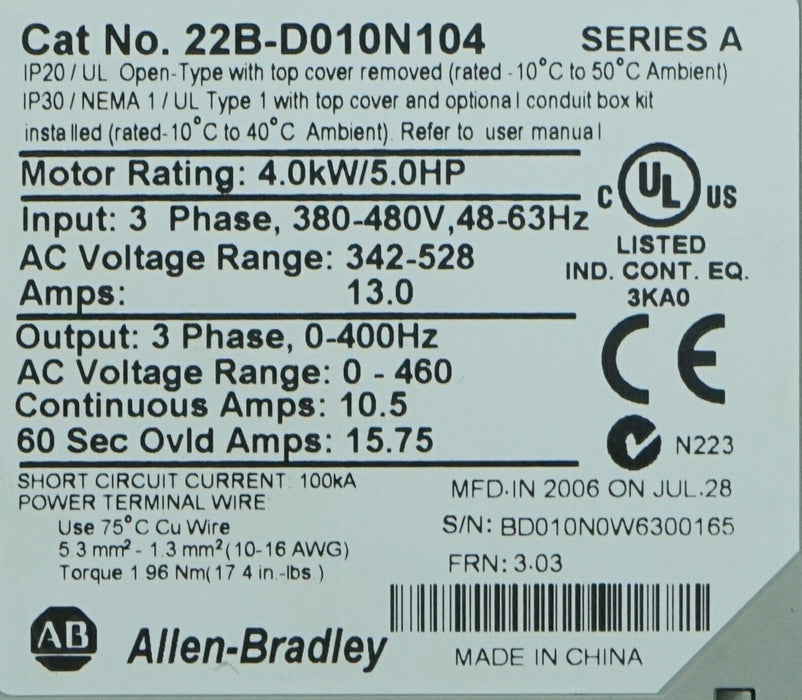 Low Hr Allen Bradley 5HP Powerflex40 22B-D010N104 Series A Tested Good FRN:3.03