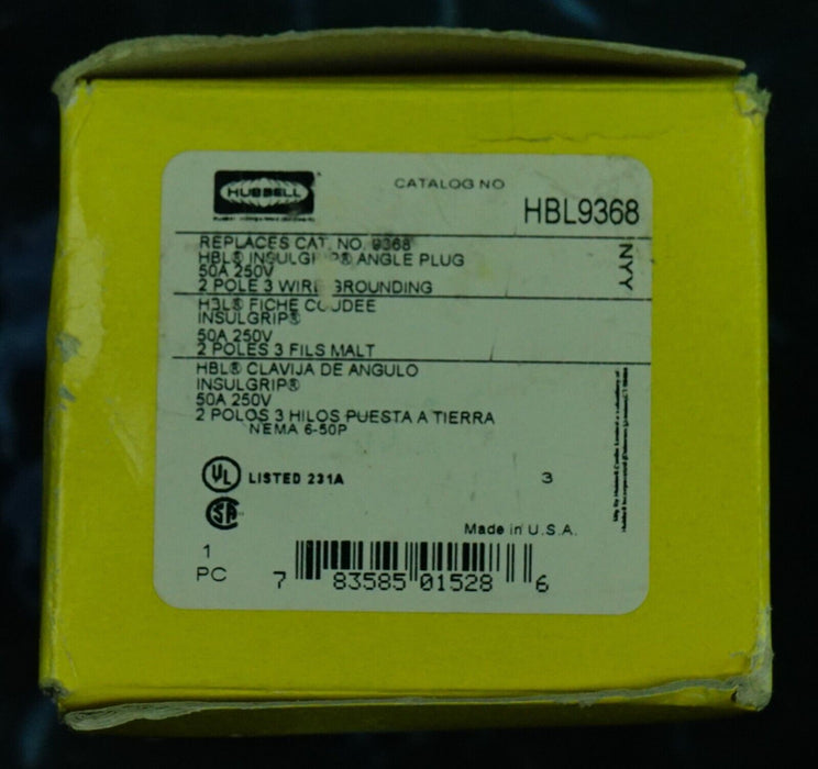 New HUBBELL HBL9368 Angle Plug 50A NEMA 6-50P