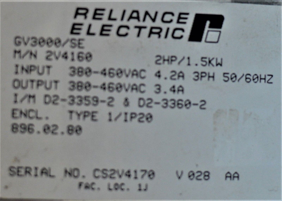 Reliance Electric GV3000 2V4160 SE Vector 2 HP V. 6.01 Inverter Drive TESTED