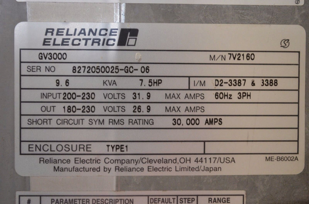 Reliance Electric GV3000/SE 7.5 HP 7V2160 Firmware:6.04 AC Drive Tested No Cover