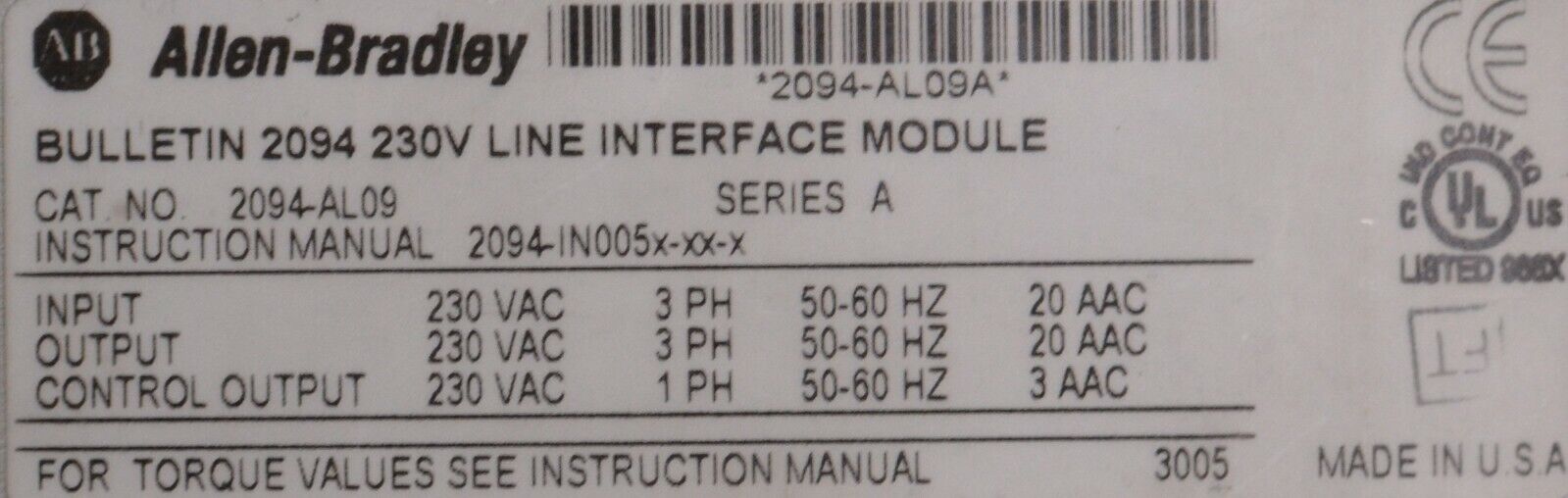 Allen Bradley 2094-AL09 Kinetix 6000 line interface module Series A