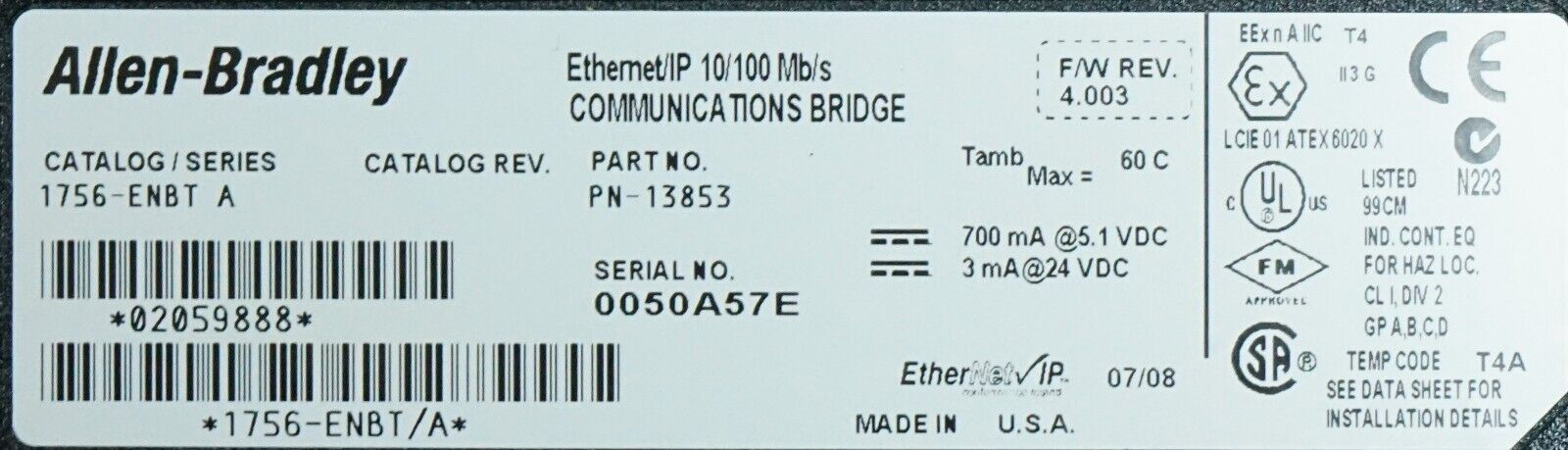 Allen-Bradley 1756-ENBT A Firmware:4.003 Ethernet/IP Communication Bridge Module