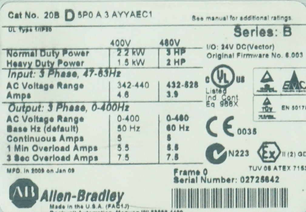 Used Allen Bradley PowerFlex 700 3 HP 20BD5P0A3AYYAEC1 480VAC Power Supply