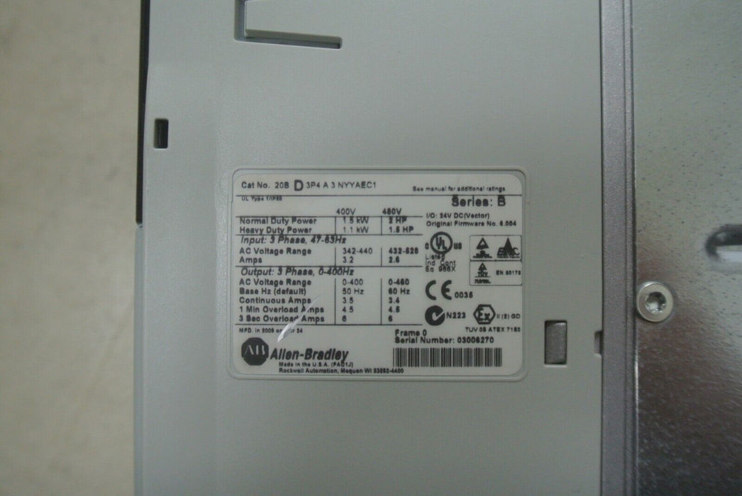 Low Hrs Allen Bradley 20BD3P4A3NYYAEC1 Powerflex 700 2HP W/20-COMM-E HMI ENCODER