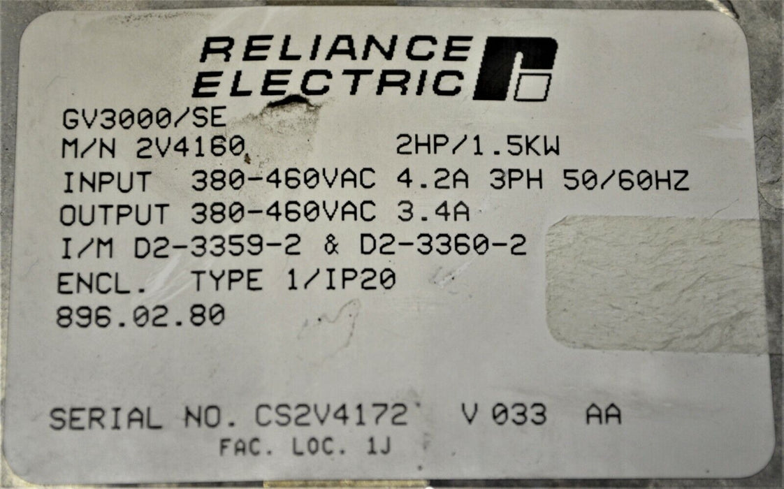 RELIANCE ELECTRIC GV3000 2 HP 2V4160 VER 6.01 INVERTER TESTED GOOD NO COVER