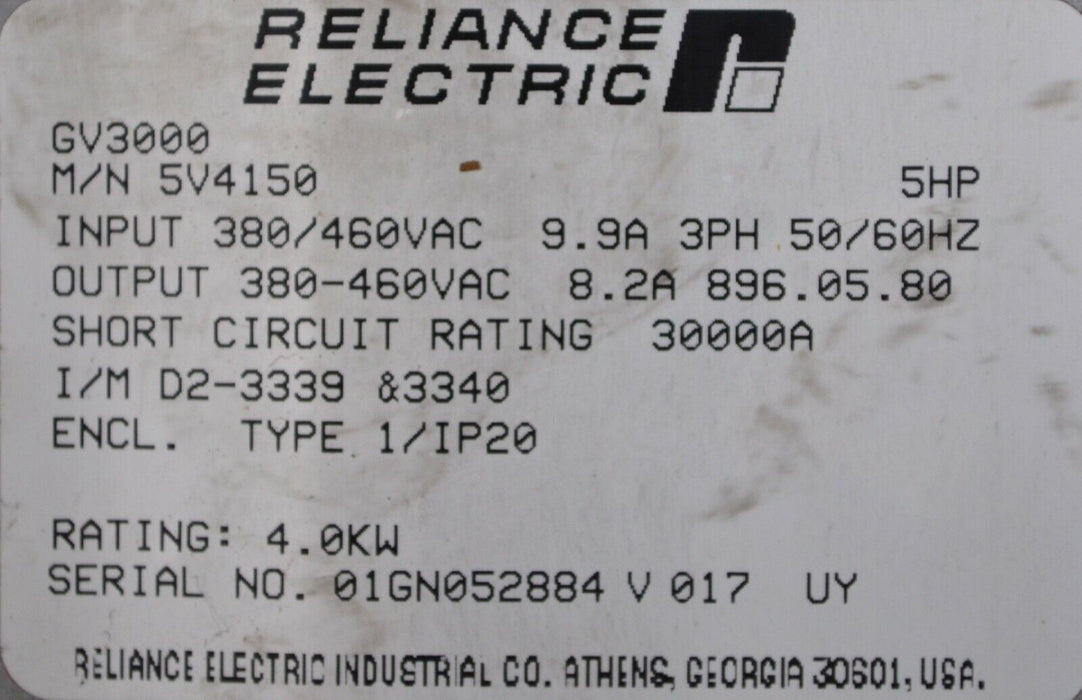 RELIANCE ELECTRIC GV3000 5 HP 5V4150 VER 5.10 Inverter Tested Good