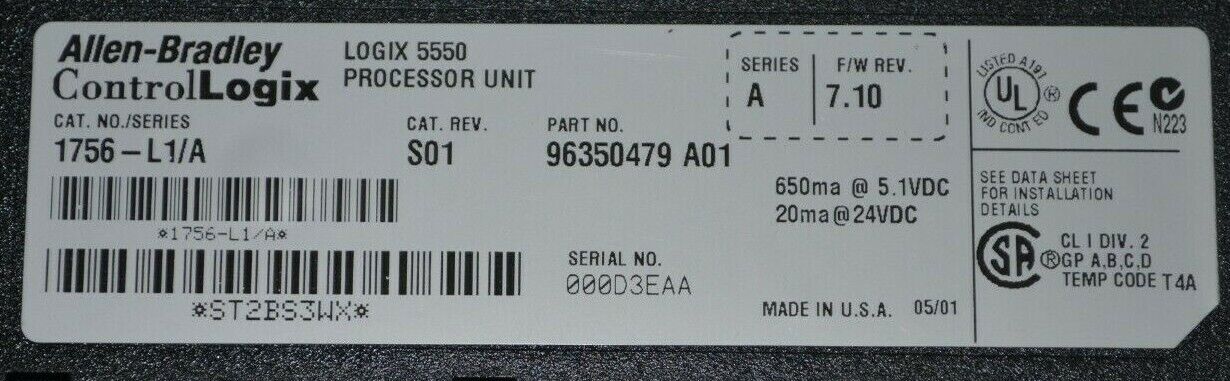 Allen Bradley 1756-L1/A ControlLogix 5550 Processor PLC Tested Good Version 7.10