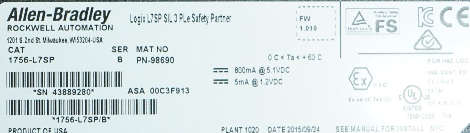 Allen Bradley 1756-L7SP Ser.B LOGIX 5573S Controller FW:1.010 Safety Partner