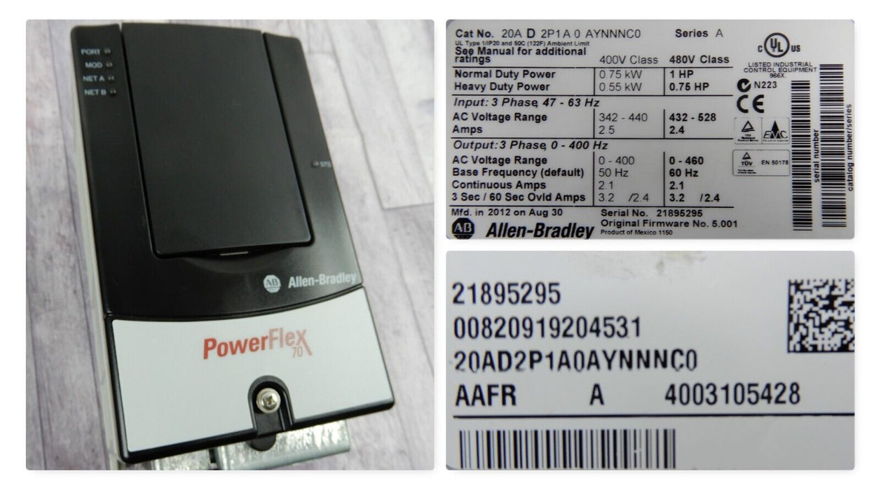 New Allen-Bradley 20AD2P1A0AYNNNC0 PowerFlex70 1HP 480 VAC FRN 5.001