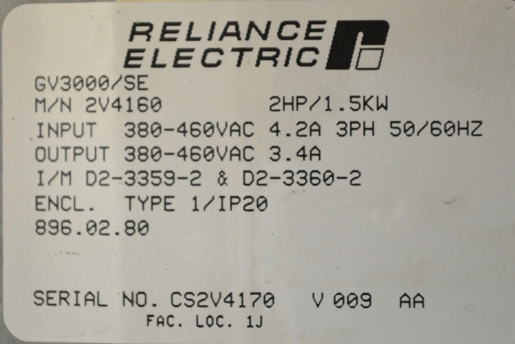 Reliance Electric GV3000 2V4160 SE Vector 2 HP V. 6.01 Inverter Drive Tested Cln