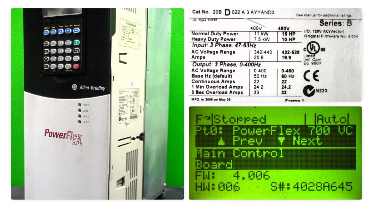 Allen-Bradley PowerFlex700 20BD022A3AYYAND0 15 HP FRN 4.006 w/20-HIM-A3 Keypad