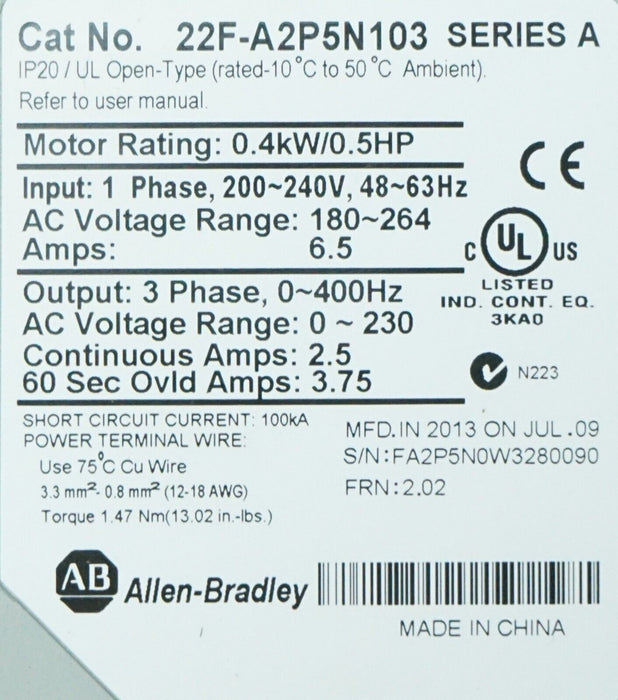 Zero Hours Allen Bradley 22F-A2P5N103 FRN:2.02 1/2HP Series A Tested