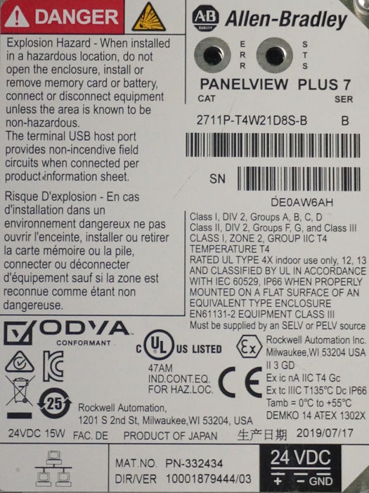 ALLEN-BRADLEY 2711-T4W21D8S-B PANELVIEW PLUS 7 Display Module Parts