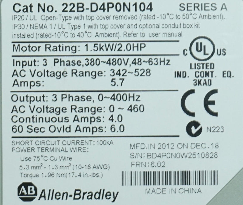 Allen Bradley 2HP Powerflex40 22B-D4P0N104 Series A Tested Good FRN:6.02