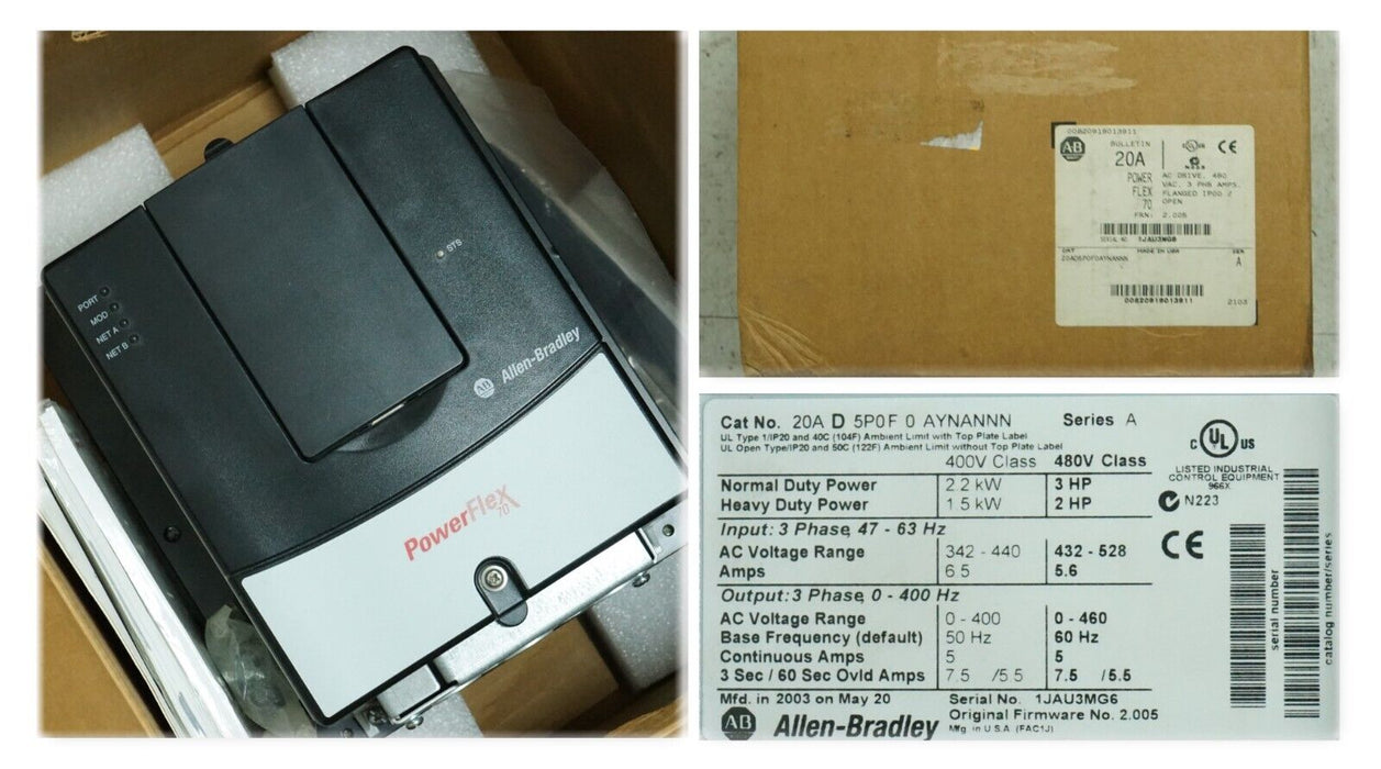 New Allen-Bradley PowerFlex 70 3 HP 20AD5P0F0AYNANNN 480VAC FRN:2.005