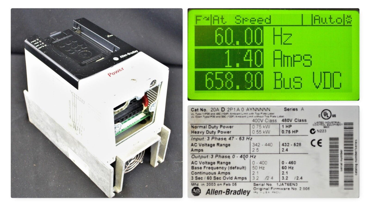 Allen-Bradley PowerFlex 70 1 HP 20AD2P1A0AYNNNNN 480 VAC FRN 2.005 Tested Clean