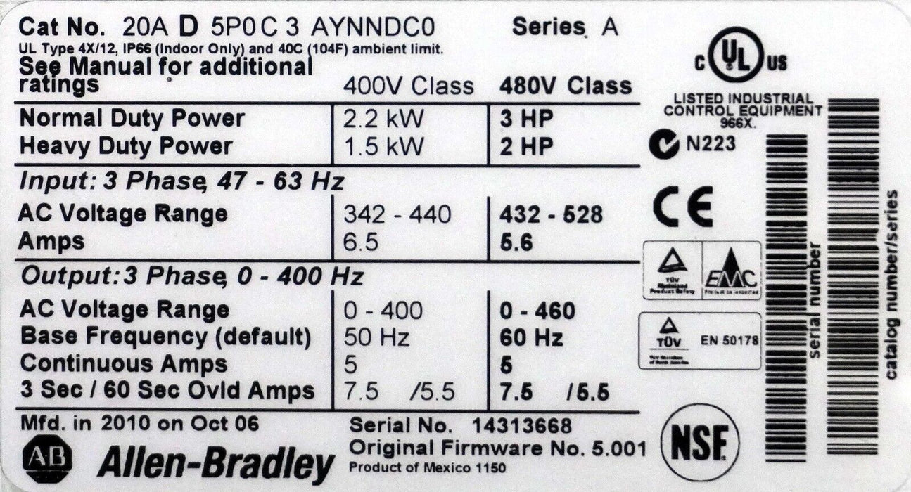 Low Hour Allen-Bradley PowerFlex 70 3 HP 20AD5P0C3AYNNDC0 Tested Good FRN:5.001