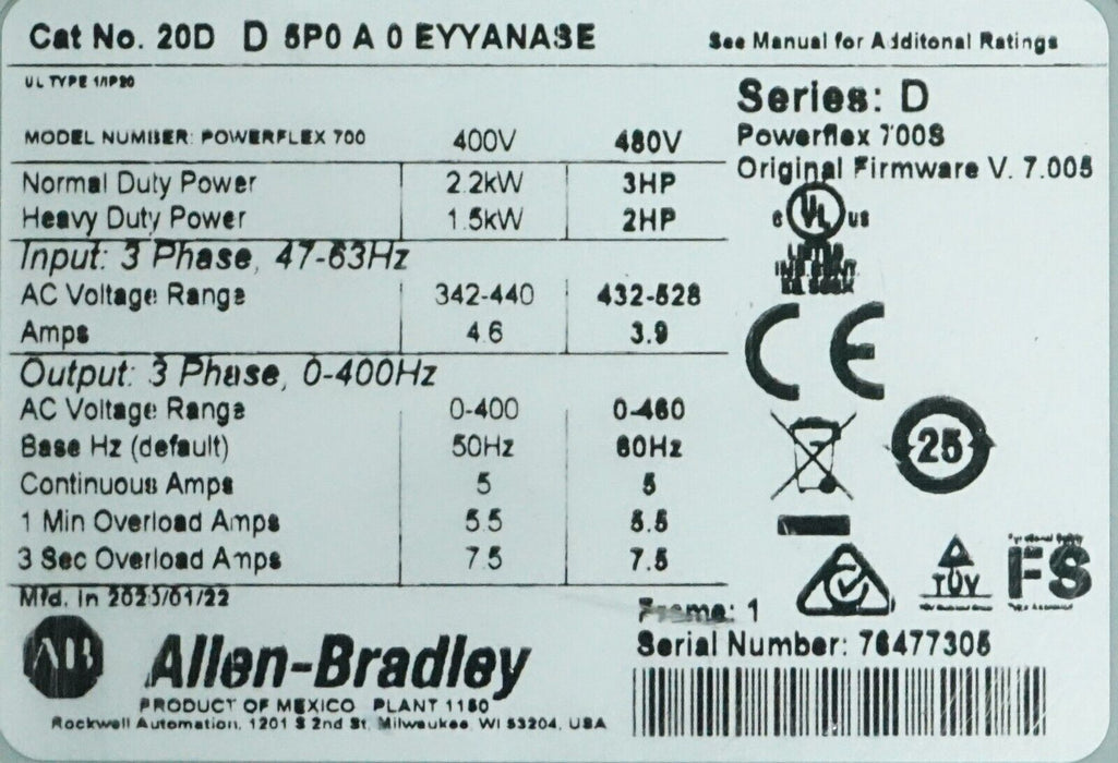 2020 Allen Bradley 20DD5P0A0EYYANASE Powerflex 700S Drive 3hp FRN:7.005