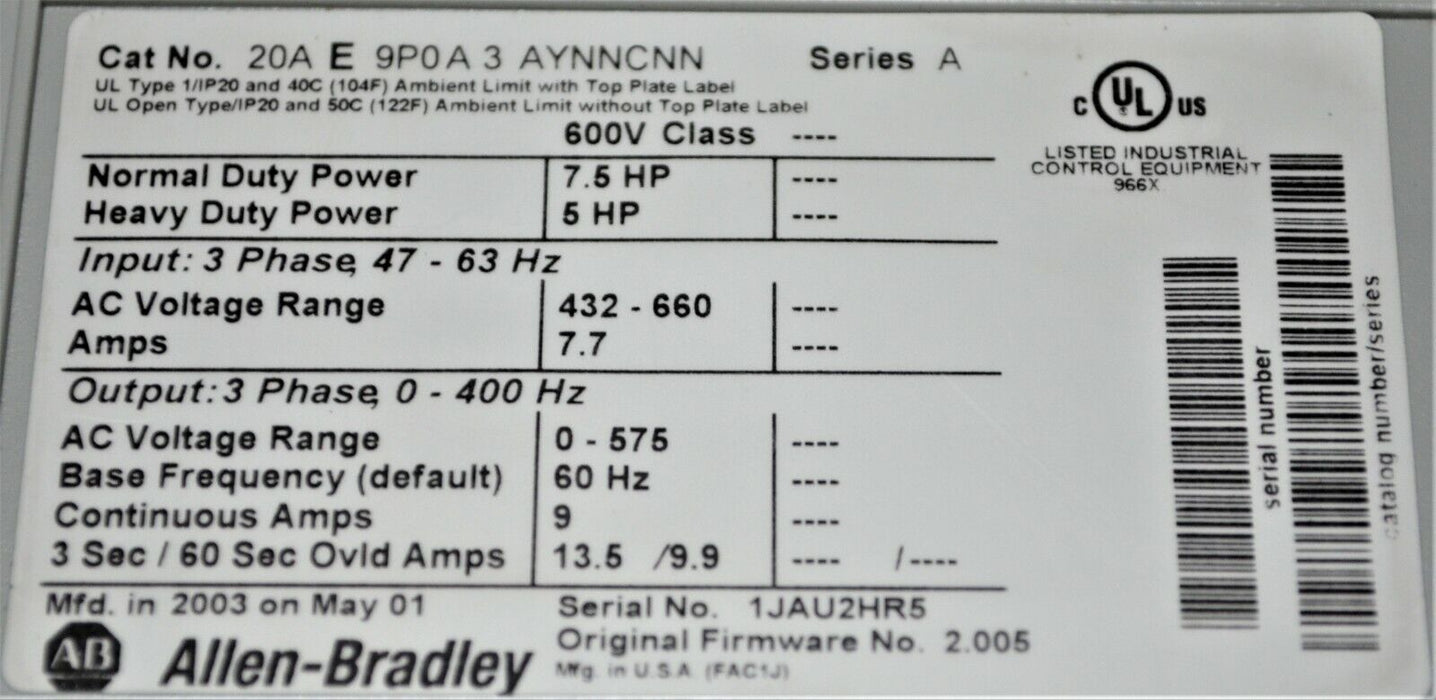 Allen-Bradley PowerFlex 70 7.5 HP 20AE9P0A3AYNNCNN 600V 2.005 Tested Good