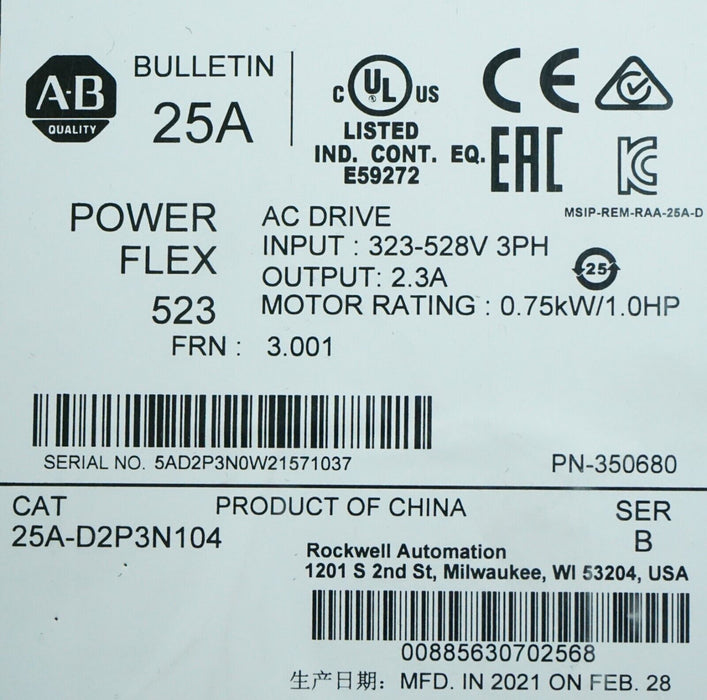 2021 Allen-Bradley PowerFlex 523 25A-D2P3N104 1HP FRN:3.001 Series B