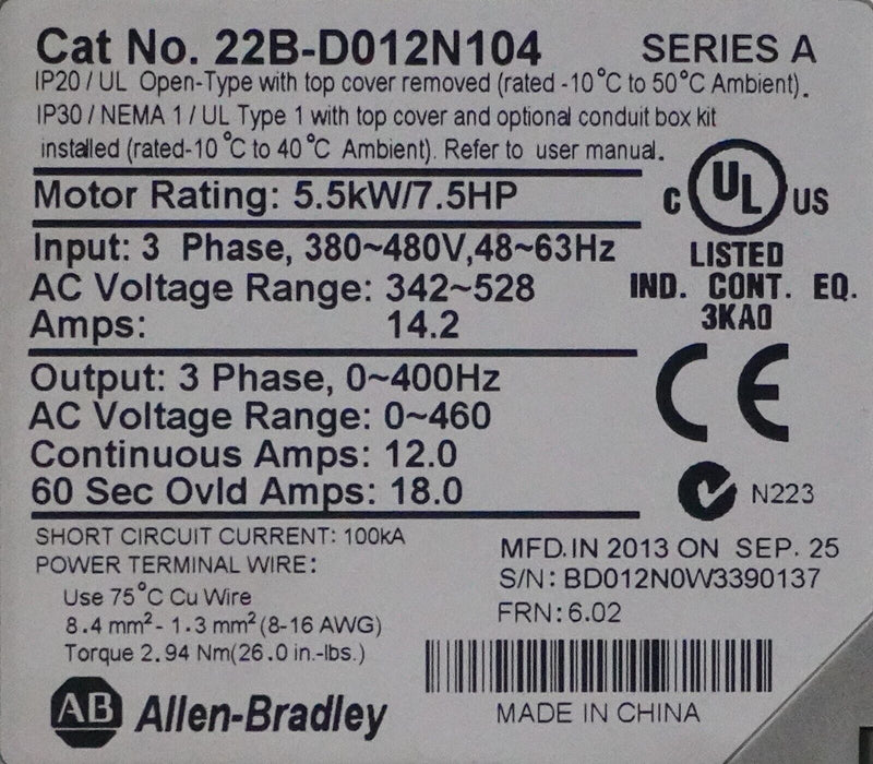 Low Hours Allen-Bradley 22B-D012N104 7.5 HP Powerflex40 Ser. A FRN:6.02