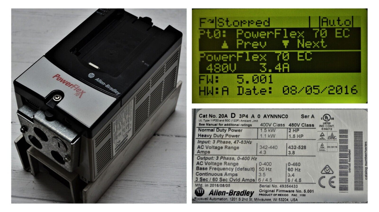 2016 Low Hours Allen-Bradley PowerFlex70 20AD3P4A0AYNNNC0 2 HP 480 VAC FRN:5.001