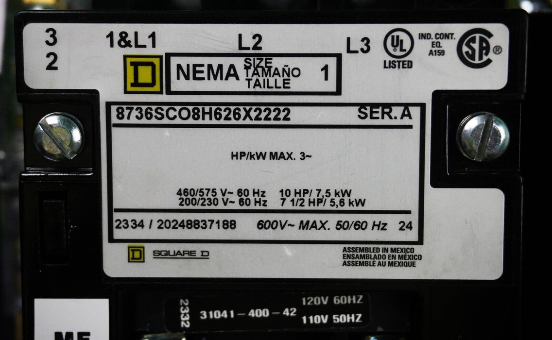 SQUARE D SIZE 1 8736SC08H626X2222 REVERSING CONTACTOR W/SCHNEIDER ELEC LTMR27EFM