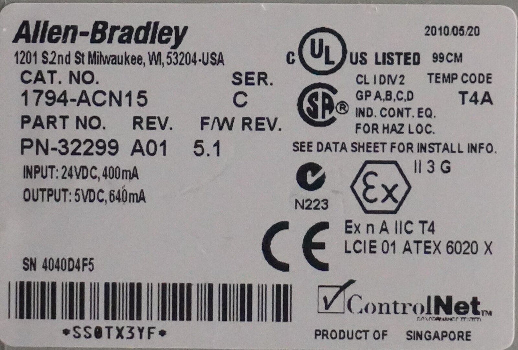 ALLEN BRADLEY 1794-ACN15 SER.C  ADAPTER MODULE FW:5.1