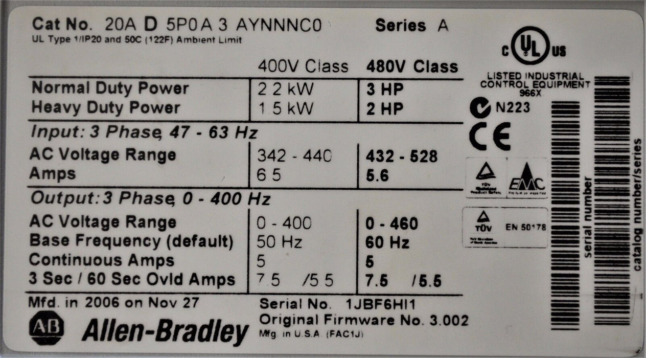 Allen-Bradley PowerFlex 70 3HP 20AD5P0A3AYNNNC0 480VAC Clean Tested Good