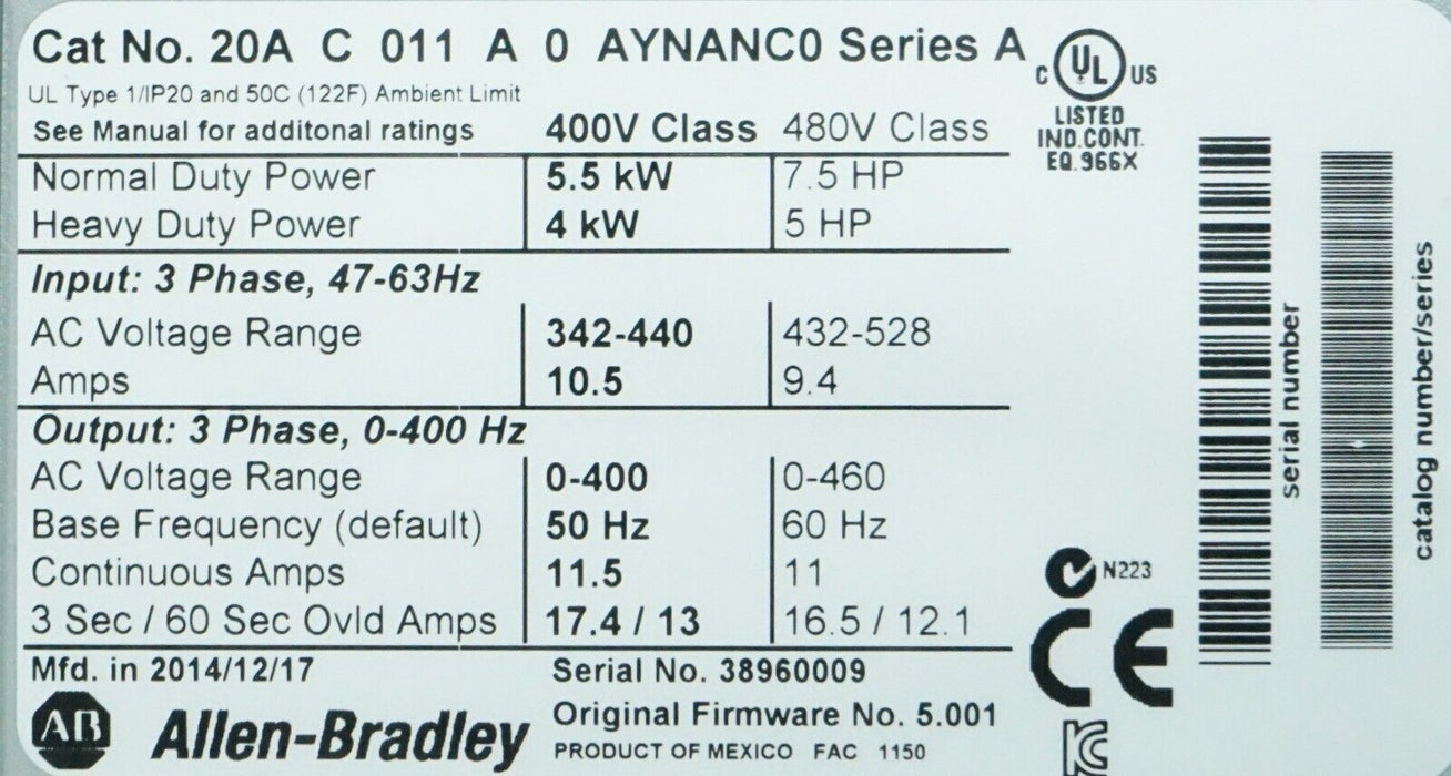 Allen-Bradley 20AC011C0AYNANC0 7.5HP 400V Powerflex 70 FRN 5.001