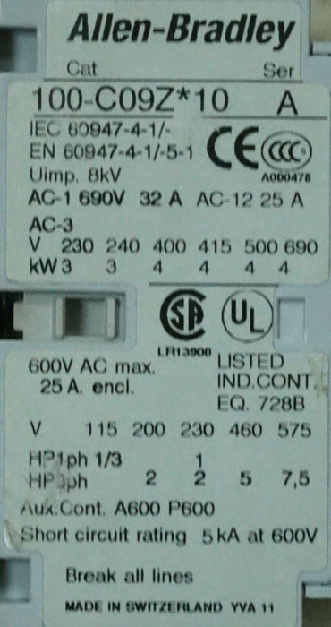 Allen Bradley 100-C09Z*10 Contactor, Series A