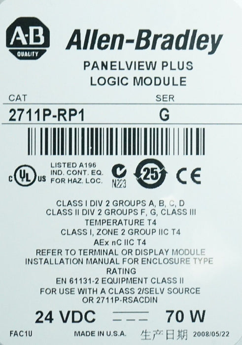 Allen Bradley 2711P-RP1 Ser. G Panelview Plus Logic Module Tested Good