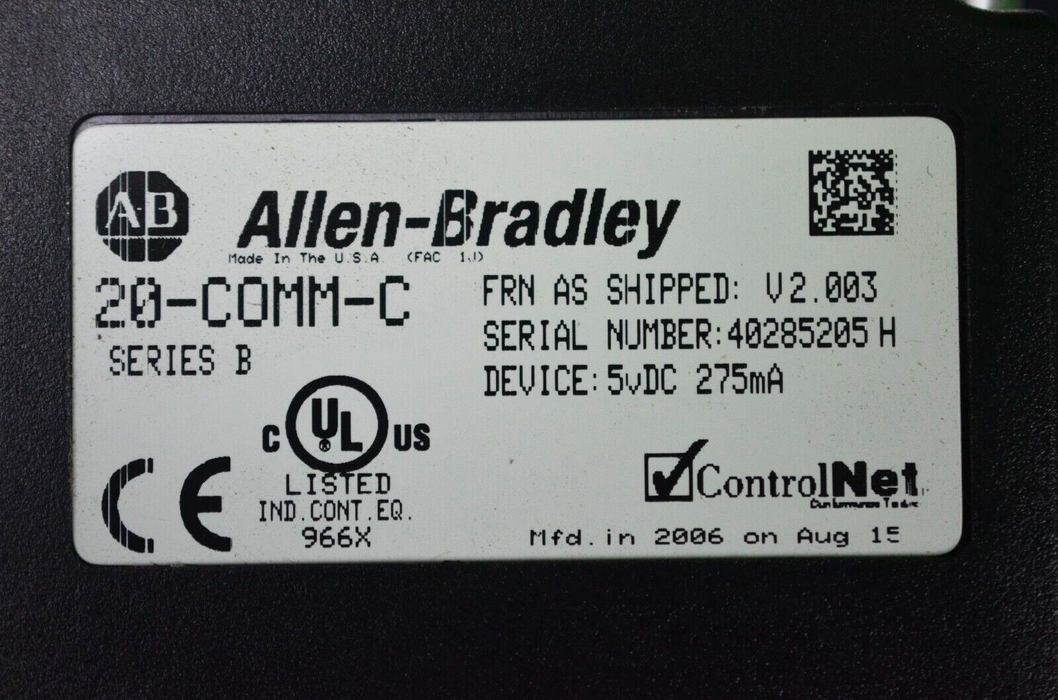 Allen Bradley 20-COMM-C ControlNet Adapter Series B Firmware Ver. 2.003