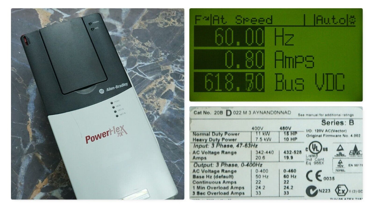 Allen-Bradley PowerFlex 700 20BD022M3AYNAND0NNAD 15 HP FRN:4.002 Tested Good