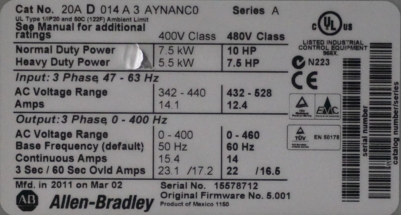 New Allen-Bradley PowerFlex 70 20AD014A3AYNANC0 10HP FRN:5.001