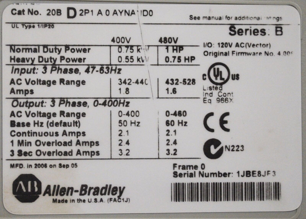 Allen-Bradley PowerFlex 700 1 HP 20BD2P1A0AYNAND0 480 VAC  FRN:4.006 Tested Good