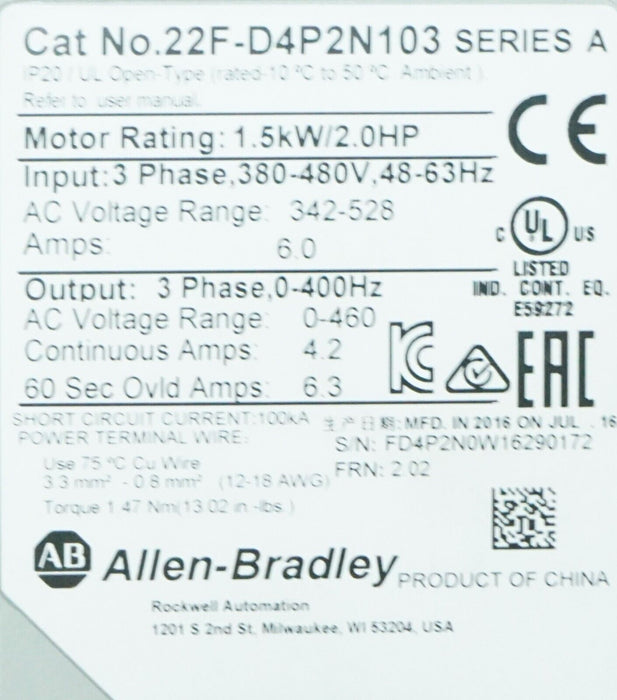 2016 Low Hrs Allen-Bradley PowerFlex 4M VFD 2.0HP 22F-D4P2N103 Ser A FRN:2.02