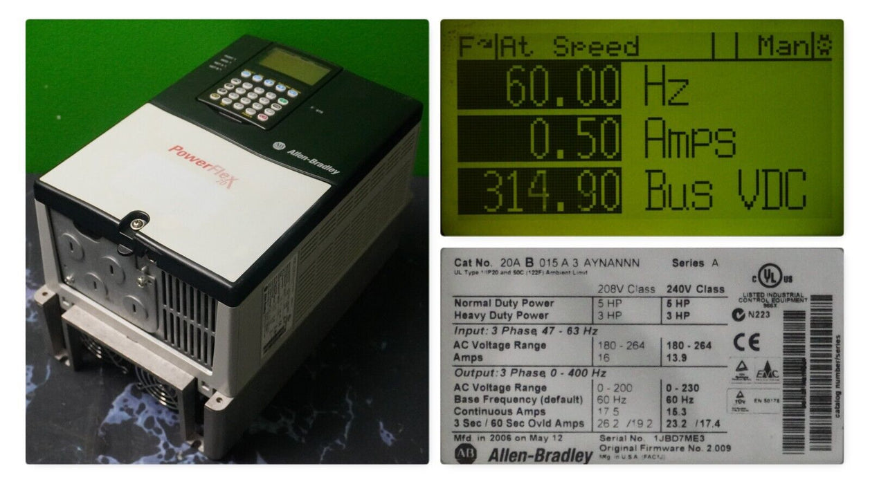 Zero Hours Allen-Bradley PowerFlex 70 5 HP 20AB015A3AYNANNN 240VAC FRN:2.009