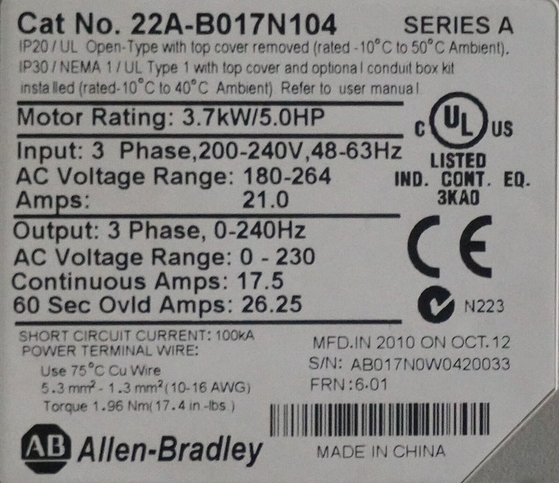 Allen-Bradley PowerFlex 4 22A-B017N104 5HP Series A FRN:6.01 Tested Good