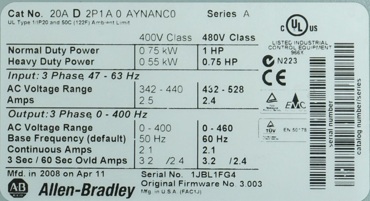 Allen-Bradley PowerFlex 70 1 HP 20AD2P1A0AYNANC0 480 VAC FRN:3.003 Tested Good