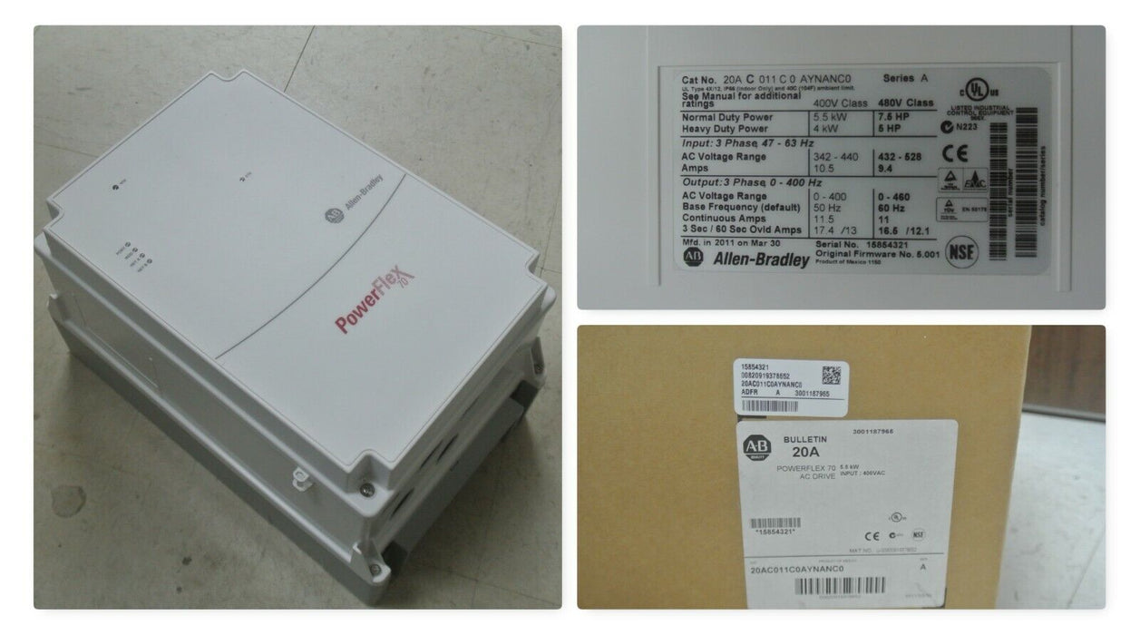 Zero Hours 2011 Allen-Bradley 20AC011C0AYNANC0 7.5HP 400V Powerflex 70 FRN 5.001