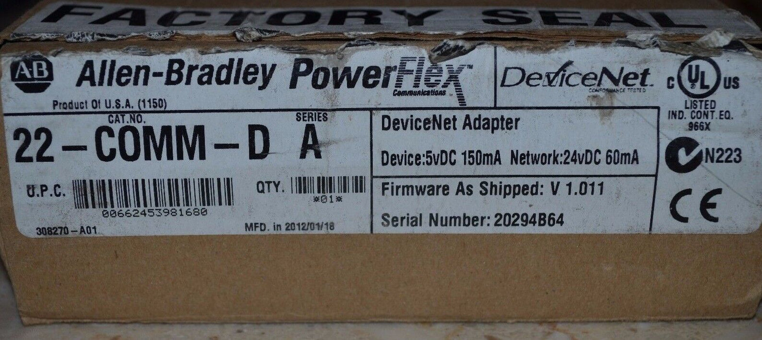 ALLEN-BRADLEY 22-COMM-D SERIES A ~ FIRMWARE V1.011 ~ POWERFLEX DEVICENET IN BOX