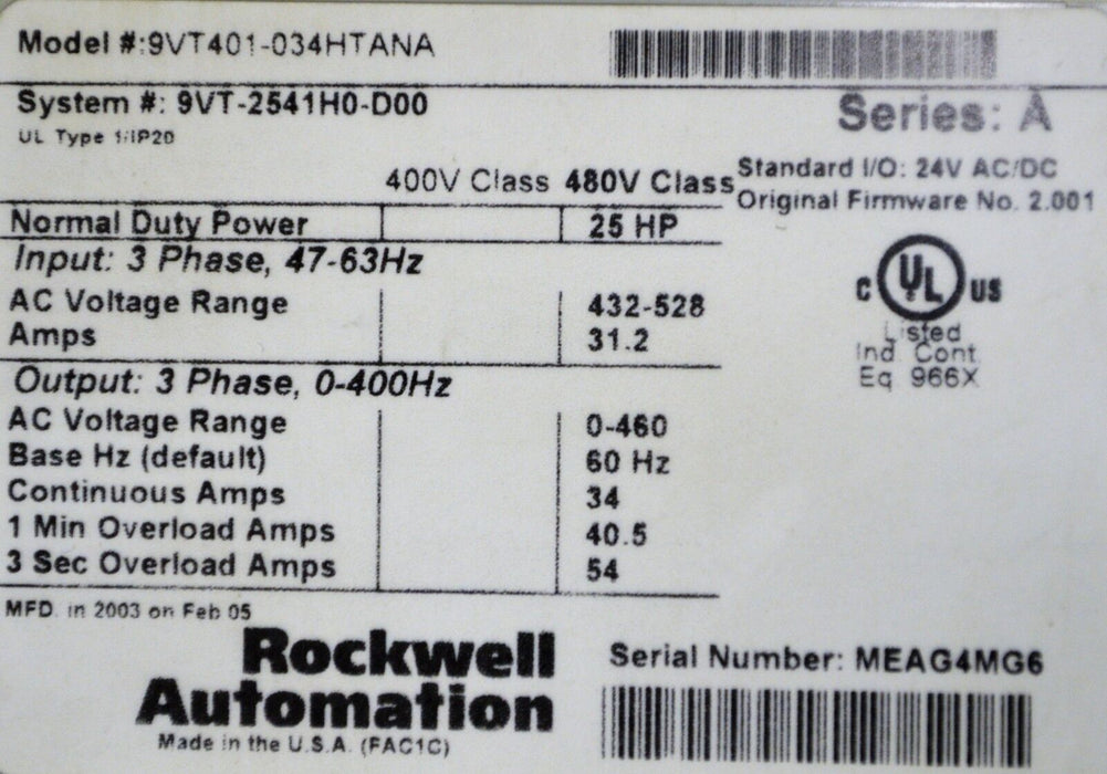 Rockwell Automation 9VT401-034HTANA 25 HP AC HVAC Drive 480 VTAC 9 FRM: 2.001 AB