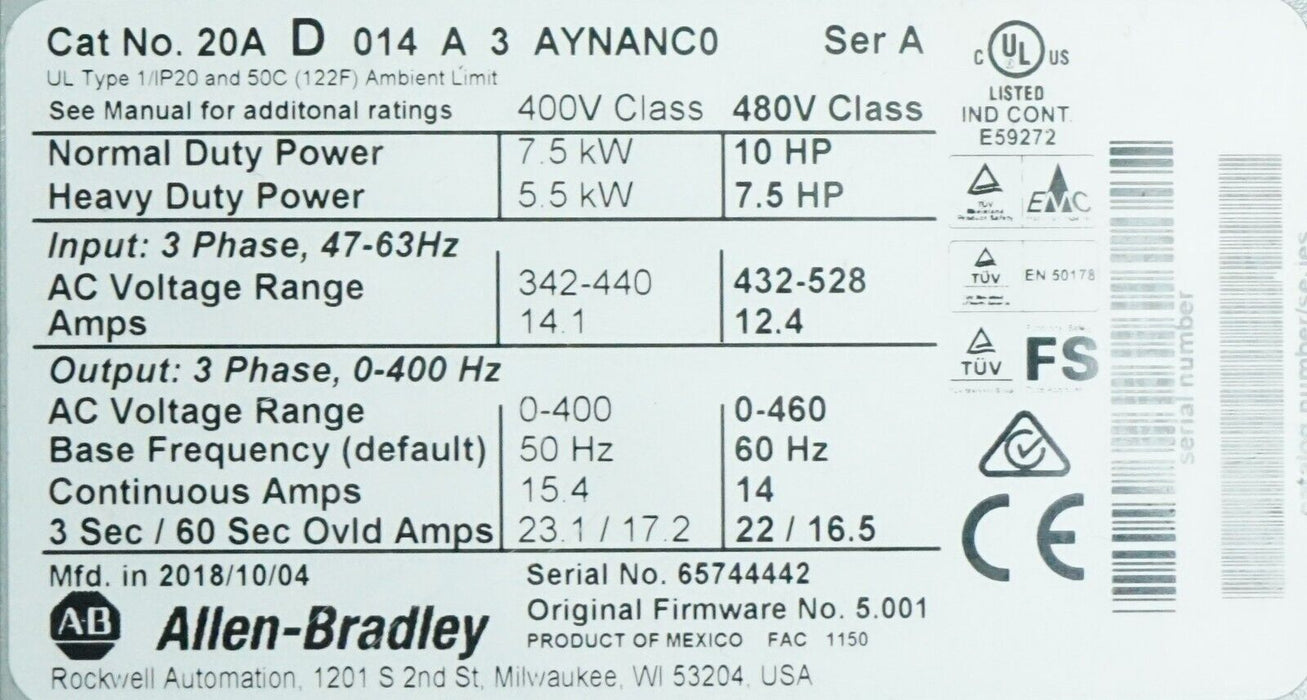 Allen-Bradley PowerFlex 70 10 HP 20AD014A3AYNANC0  FRN 5.001 Tested Good