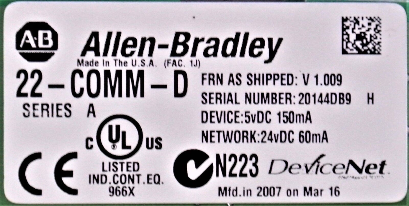 ALLEN-BRADLEY 22-COMM-D SERIES A FIRMWARE V1.009 POWERFLEX DEVICENET TESTED GOOD