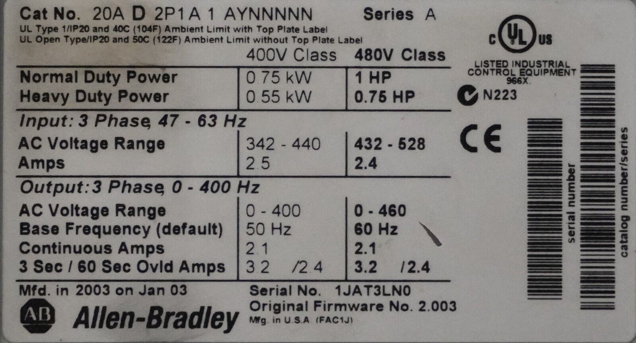 Allen-Bradley 20AD2P1A1AYNNNNN PowerFlex 70 1 HP Series A FRN:2.003 Tested Good