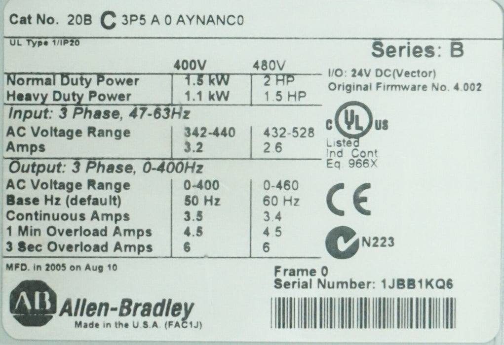 Low Hrs Allen Bradley PowerFlex 700 2HP 20BC3P5A0AYNANC0 400VAC FRN:4.002