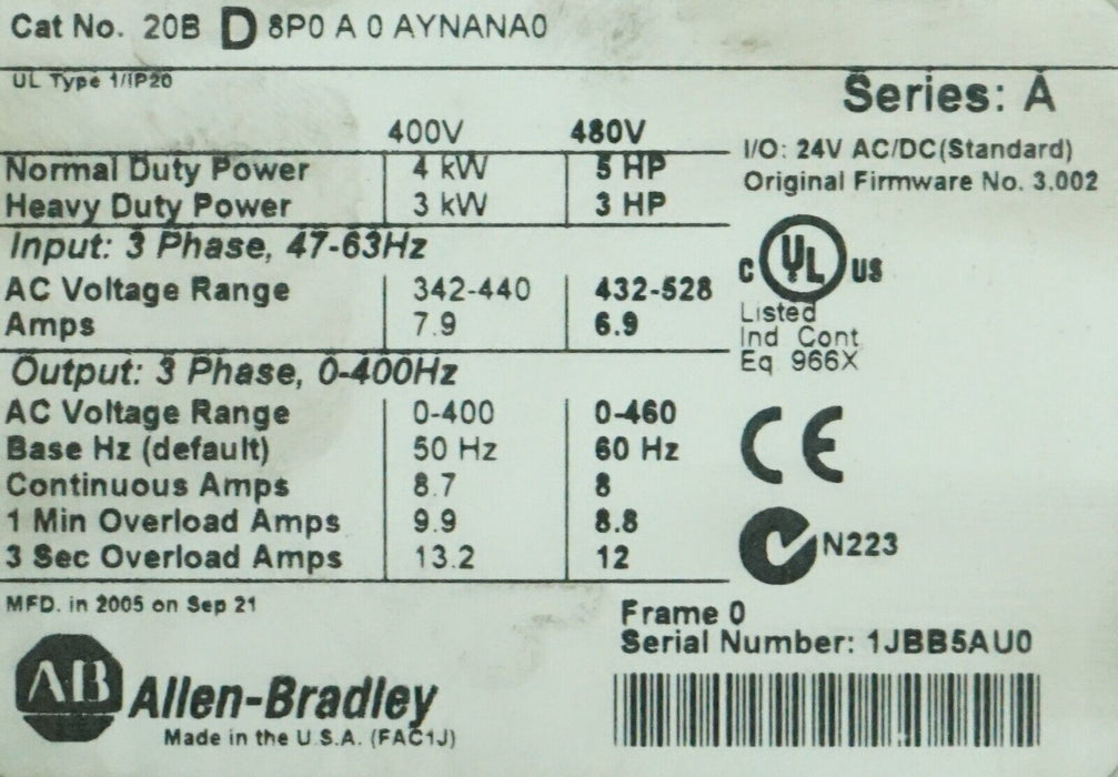 Allen Bradley PowerFlex 700 5HP 20BD8P0A0AYNANA0 480 VAC Tested Core Only