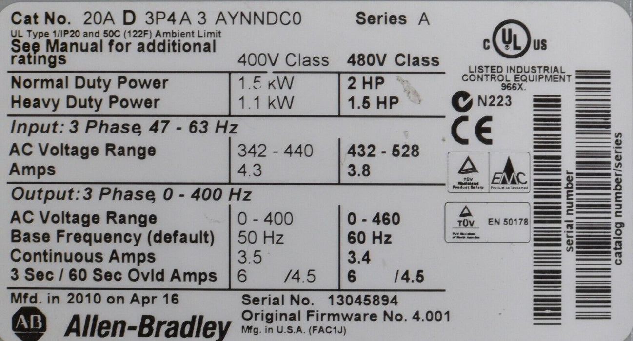 Allen-Bradley Powerflex 70 20AD3P4A3AYNNDC0 /A 2 HP, 3.4 Amps, 4.001- Tested